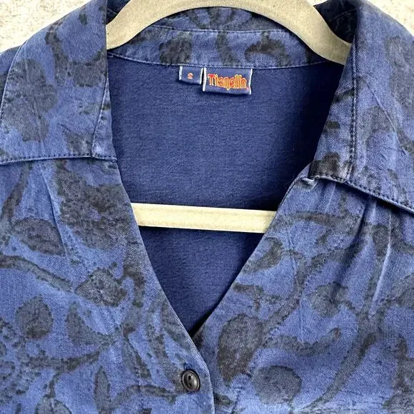 Tianello Steve Barraza Button Down Blouse Womens Size S Floral Blue Black Tencel - Picture 3 of 12